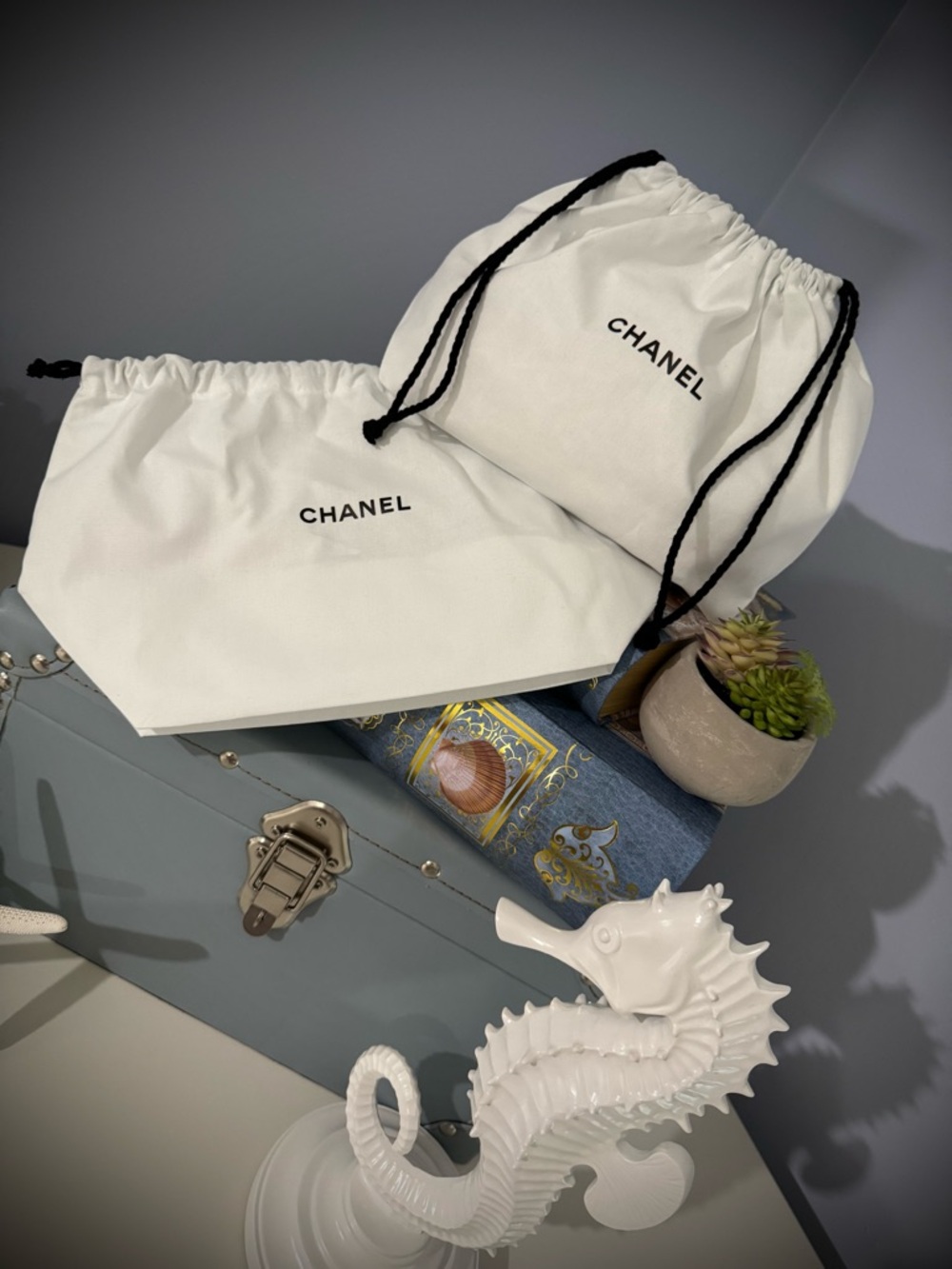 CHANEL 100% Cotton Drawstring Dust Bags Storage Pouches with Black Logo & Cords